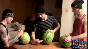 Straight inked guys fuck watermelons until cumming