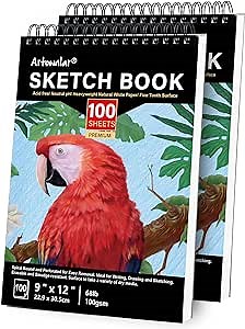 Artownlar 9x12 Premium Sketchbook, Spiral Bound Sketch Pad, 2 Pack 200 Sheets (68lb/100gsm) Sketch Book for Artist Sketching Drawing, Durable Acid Free Painting Art Paper for Kids, Adults.