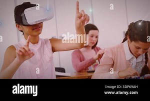 Teen girl putting on VR headset activating glowing UI elements for VR interface in tech classroom. Futuristic, innovation, education, technology, interaction, learning, digital