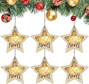 Soaoo 6 Pcs LED Nativity Scene Wooden Ornaments Christmas Nativity Hanging Multilayer Ornament for Xmas Tree Religious Gift Holiday Party The Birth of Jesus Decor