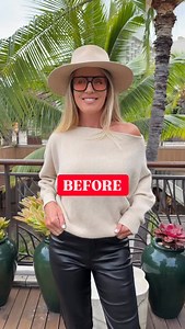 1.8K reactions · 30 shares | Before or after? Try this hack: flip your asymmetrical off-shoulder sweater and wear it the other way—instant on-the-shoulder look! Two outfits in one? Yes, please! Would you wear it like that ? #fashionhacks #stylingideas #stylinghacks | Blonde Beach Vibes | Facebook