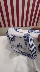 Hand Block Printed | cotton quilted duffle bag | White with Blue floral Pattern Duffel Bag | Striped long handle.