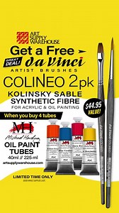Michael Harding Oil Paints are available now at Art Supply Warehouse! Discover the endless possibilities with reliable coverage and vibrant true colors.✨ ▶BONUS: Get a FREE DaVinci COLINEO 2pk Artist Brush Set when you buy of 4 tubes of Michael Harding Oil Paint tubes! DaVinci long handle COLINEO Artist Brushes feature Kolinsky sable synthetic fibers, perfect for acrylic and oil painting! Offer only available at Art Supply Warehouse! Good in-store and online! While supplies last. Limit (1) brush