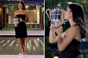 Raducanu kisses US Open trophy after changing into black dress to celebrate win