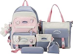 Kawaii Backpack Set 5pcs Aesthetic Backpack for School Teens Girls Multiple pockets Daypack Large with Pendants and Pins