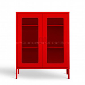 [Hot Item] Living Room Furniture Home Use Red Glass Door Steel Accent Storage Cabinets