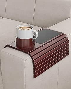 BS-VOG Couch Cup Holder, Couch Arm Tray with 360° Rotating Drink Holder, Foldable Anti-Slip Couch Arm Table, Sofa Armrest Tray Clip on Wide Couches for Eating, Snacks, Remote (Walnut)