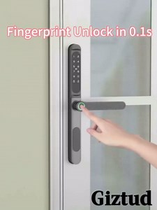 Sliding Glass Door Smart Lock Giztud Keyless Entry Sliding Door Lock with Fingerprint Code RFID Card Keypad Digital Key APP Remote Replacment Slim Thin Frame Patio Door with Right Hand