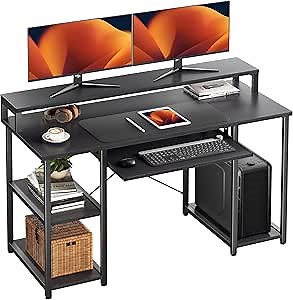 NOBLEWELL Computer Desk with Storage Shelves, 47 inch Home Office Desk with Monitor Stand, Writing Desk Table with Keyboard Tray (Black)
