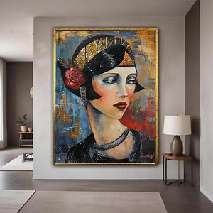 Art Deco Woman Portrait Canvas Print, 1920s Flapper Girl Style, Vintage Red Rose Gold Headband Art, Retro Glamour Wall Decor Bubikopf - Etsy