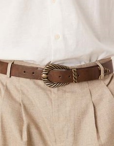 ASOS DESIGN western faux leather burnished brown jeans belt with ridge detail buckle in antique gold | ASOS