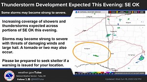 11K views · 50 reactions | Increasing showers & storms are expected across SE OK this evening. Storms may become strong to severe with threats of damaging wind gusts, large hail, and perhaps a tornado or two. Please seek shelter if a warning is issued for your location! | US National Weather Service Tulsa Oklahoma | Facebook