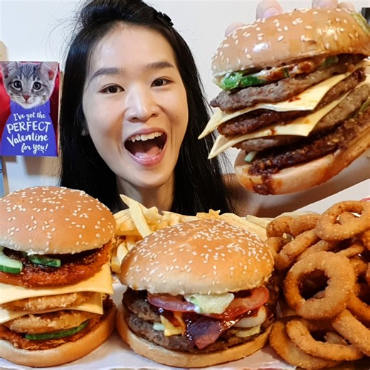 1.8K views · 255 reactions | Eating Burger King's Stacker burgers! 4X4 Quadruple Mala Beef Burger, 4x4 Quadruple Chicken Stacker Sandwcih & Triple Western Whopper. Also trying their new Coffee & Milk Tea Pies! What's your favorite from Burger King? #mukbang #asmr #eatingshow #cheeseburger #whopper #burgerking #foodreview #fastfood #foodie #cheesesausage #asmreating #eatingsounds | Peggie Neo | Facebook