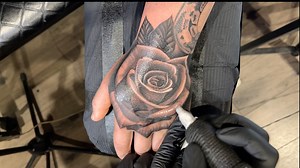 Full time lapse from start to finish of this black and grey rose tattoo on a hand | Chrissy Lee Tattooist