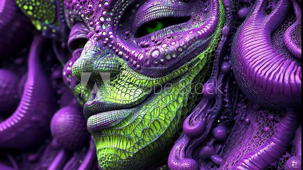 Exploration of an alien hive mind with vibrant purple and green textures, 3d alien hive mind purple green disco seamless