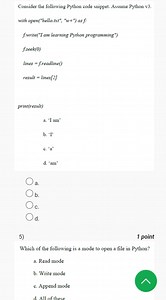 Consider the following Python code snippet. Assume Python v3.... | Filo