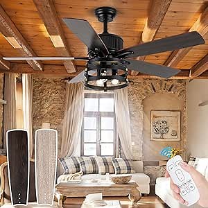 Rustic Farmhouse Ceiling Fan with Lights, 52 Inch Industrial Cage Ceiling Fan Light, Indoor Outdoor Ceiling Fan with Remote, Reversible DC Motor for Farmhouse Patios Bedroom Garage (52 Inch, Walnut)