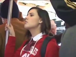 Young Brunette cheerleader fingered and fondled on public transportation