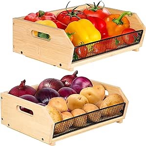 Alyoen Potato and Onion Storage Bin, Stackable Onion Potato Storage Basket with Handle, Onion Basket for Pantry, Bamboo Storage Bin for Produce, Fruit, Bread, Vegetable, Garlic, 2 Pack