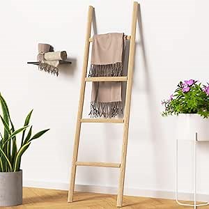 5ft Natural Solid Wood Blanket Ladder Shelf Stand, Hand Crafted from Total Recycled and Reclaimed Wood, 4 Tier Rustic Wall Leaning Holder Rack for Bedroom Living Room (Wood)