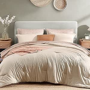 Monbix Full Size Comforter Set - 7 Pieces Oatmeal Prewashed Bed in a Bag Full Bedding Sets with Comforters, All Seasons Ultra Soft Comforter Bed Set with Sheets,Pillowcases & Shams
