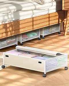 Under Bed Rolling Storage Containers, 2 Pack White with Wheels and Lid, Large Bedroom Organizer Drawers