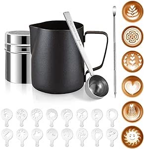 Milk Frothing Pitcher 20oz Set, Steaming Pitcher 600ml with Powder Shaker, Stainless Steel Pither, Latte Art Barista Steaming Pitchers, Latte Art Pen and 16 Coffee Stencils Included, Matte Black