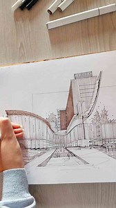 Architectural Building Exterior Illustrated with Markers on Sketchbook