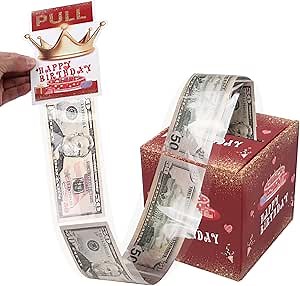 Happy Birthday Money Box for Cash Gift Pull, Red Gold Surprise Explosion Holder with Card & 45Pcs Plastic Bags with Adhesive, Unique DIY Money Roll Ideas for Women/Kids/Adults/Friends/Girls