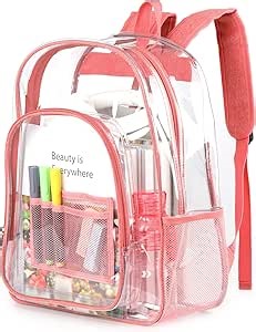 Keepcross Clear Backpack Heavy Duty PVC Clear Bookbag with Reinforced Straps for School College Work, Large Transparent Backpack See Through for Girls Women - Pink