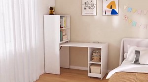 Folding Out Desk with Storage Shelves, Expandable Hidden Computer Desk, Foldable Space-Saving Pull Out Murphy Table, Writing Table with Mobile Wheels for Home Office Bedroom Small Spaces (White)