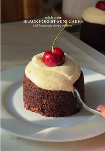 Black Forest Mini Cakes / Ingredients: For the syrup: - 150g cherries, pitted (1 cup) - 100g water (7 tablespoons) - 50g granulated sugar (1/4 cup) For the cherry compote: - 350g cherries, pitted and chopped up (2 cups 1/4 cup) - 120g granulated sugar (1/2 cup 2 tablespoon) - Juice of half lemon - 1 teaspoon vanilla bean paste For the mini cakes: - 4 large eggs - 300g dark brown sugar (1 cup 1/3 cup 1 teaspoon) - 50g granulated sugar (1/4 cup) - 200g neutral oil, like avocado, sunflower or canol