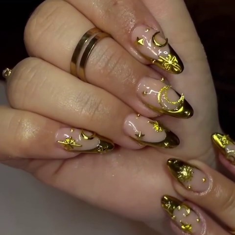 rythsans 3 Boxes Gold Nail Charms with Gold Star, Moon, and Rose Charms for Nails - Includes Gold Beads and Chain