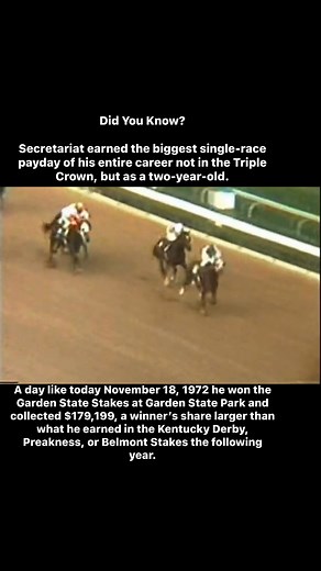 On November 18, 1972 Secretariat delivered one of the most impressive performances of his two-year-old season. He dropped back early, circled the entire field on the far turn, and powered home to win the Garden State Stakes by three and a half lengths. This race also earned him the biggest single-race payday of his entire career, even more than any of his Triple Crown victories. A legendary moment in the making. #Secretariat #HorseRacingHistory #OnThisDay #WinningStride #EveryStrideTellsAStory #