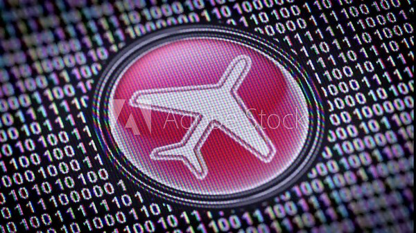 Flight icon. Binary code ( array of bits ) in the screen. Looping footage with Prores4444.