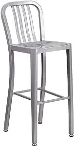 Offex Modern Home Decorative Metal Indoor Outdoor Barstool with Vertical Slat Back - Silver