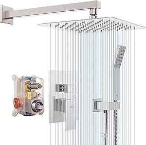 Shower System Rainfall Shower Faucets Set Brushed Nickel, 8 Inch Wall Mounted Rain Shower Head with Handheld Spray Shower Valve and Trim Included