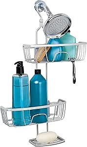 Zenna Home NeverRust Shower Caddy Hanging Bathroom Organizer, Aluminum Shower Rack with 2 Adjustable Shelves and Built in Hooks, Over Shower Head Storage System, Satin Chrome