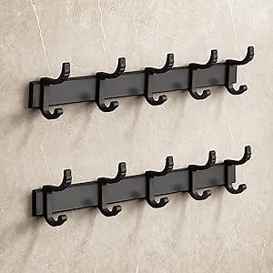 Coat Hook Rack Wall Mounted 2 Set Heavy Duty Metal Hook Rail with 5 Double Removable Hooks for Coat Hat Towel Robes in Mudroom Bathroom Entryway Bathroom Sleek Black Great Wall Hangers