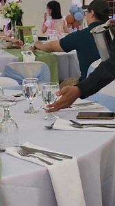 Occassion: Dedication Date: March 03, 2024 Theme: Airplane Colors: baby blue, light/mint green, beige, white 650/head x 100pax 65000 Menu: -chicken alexander -Lemon Fish Fillet -Roast Beef Caldereta -Smoked Carbonara - Asian Salad -Roasted Pumpkin Soup -Blue Rice -infused water and Iced tea - Mango Tapioca dessert Inclusion: •100 monoblock chairs with white cover and dust blue ribbons •10pcs 10 seater rectangular tables with baby blue cover •10pcs sage green table runner •1 way skirted buffet wi