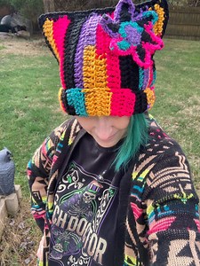 Cozy Kitty Ears Style Hat, Crocheted Beanie With Tropical Flower - Etsy