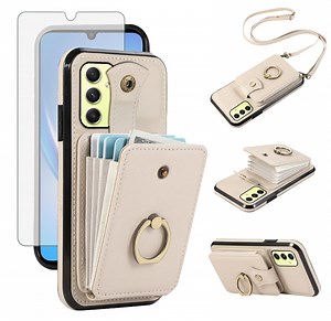 Asuwish Compatible with Samsung Galaxy A16 5G/4G Wallet Phone Case Screen Protector Ring Crossbody Strap Stand Credit Card Holder RFID Cell Cover for A 16 16A SM-A166U Women Girls Beige