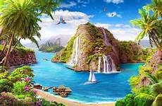 fantasy wallpaper paradise beach waterfall wallpapers tropical hd island background desktop beautiful summer caribbean bird wall artistic tree ocean flowers