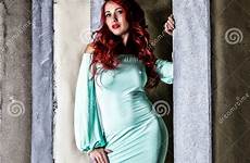 redhead beautiful boobs woman young big turquoise gray dress wall background old sexy preview stock blue