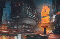 digital night rainy scifi umbrella wallpapers drawings man wallpaper 4k rain neon artist cyberpunk backgrounds