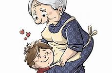 grandma cartoon grandmother boy hugging his illustration little