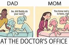 dads comics moms mom dad parenting differently vs society when public father seen show do illustrations comic cartoon these funny