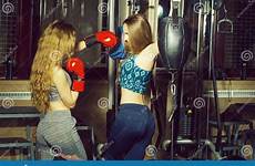 punching girls boxers two pretty sexy women sparring female cute beautiful stock punch