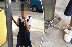 girl school punishment daughter cruel chained mother chain ties pole punished express skipping her malaysia horrified