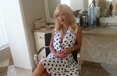 milf elegant dress blonde dot polka white hairdresser